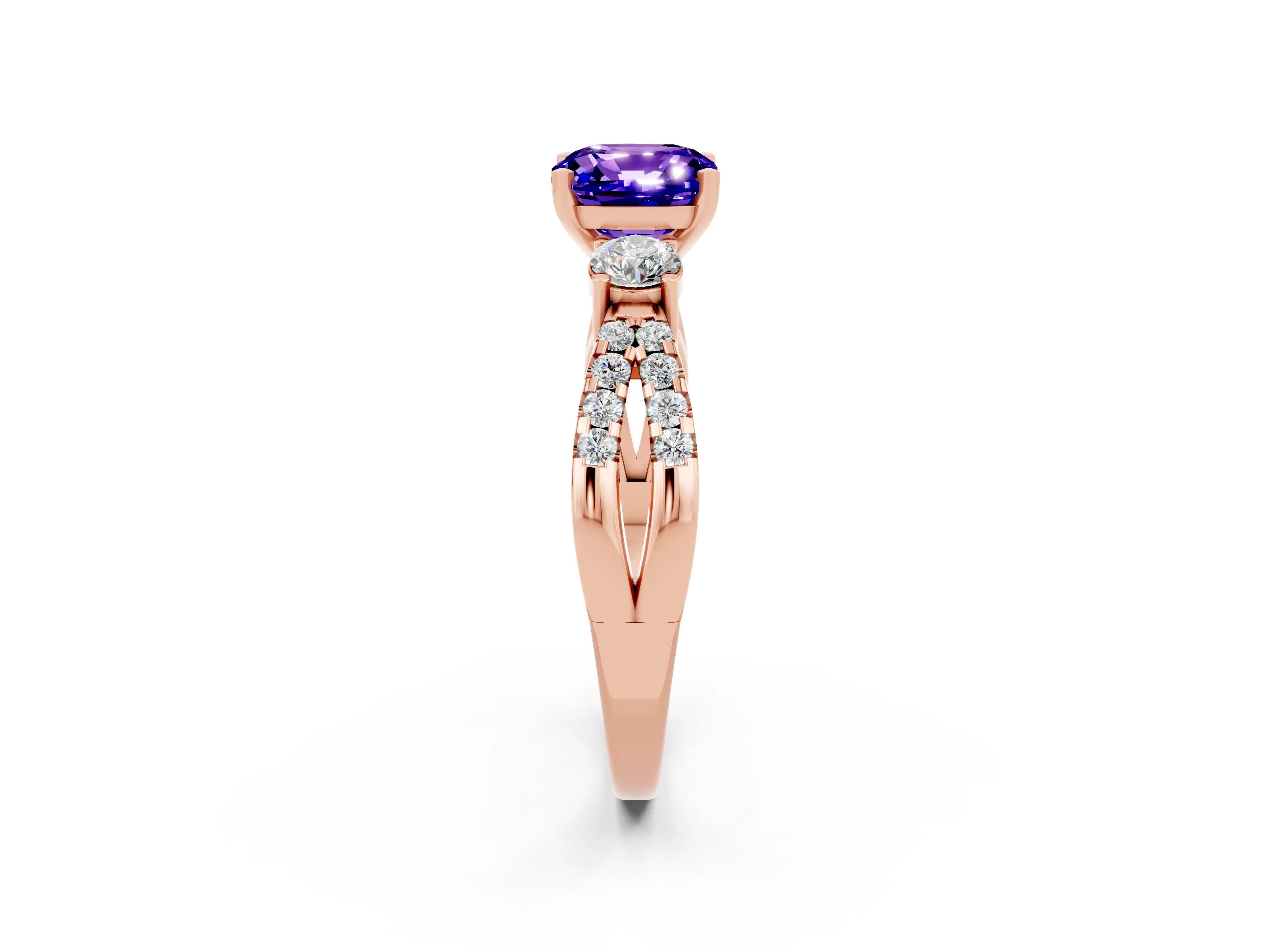 Rose gold Cushion Cut Tanzanite Three-Stone Ring with Pavé Split Shank and Four-Prong Setting_14