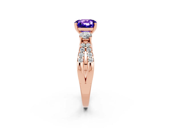 Rose gold Cushion Cut Tanzanite Three-Stone Ring with Pavé Split Shank and Four-Prong Setting