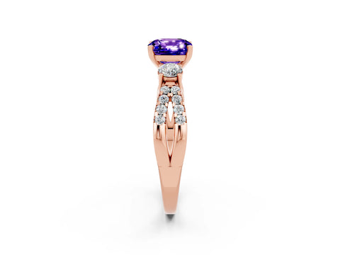 Rose gold Cushion Cut Tanzanite Three-Stone Ring with Pavé Split Shank and Four-Prong Setting_14
