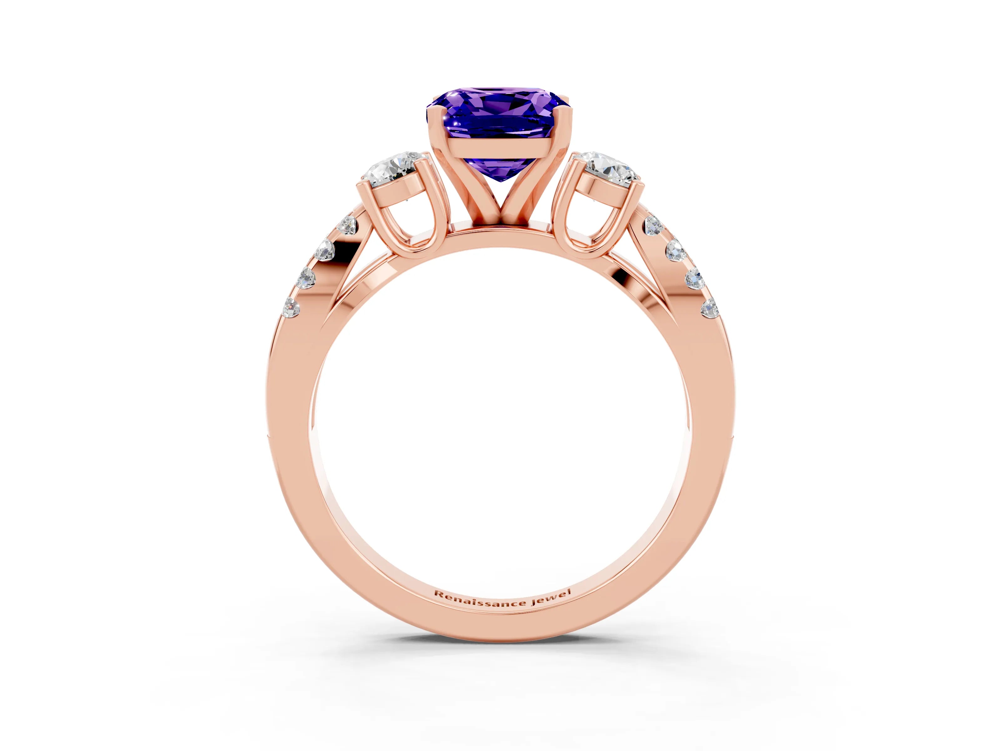 Rose gold Cushion Cut Tanzanite Three-Stone Ring with Pavé Split Shank and Four-Prong Setting_15