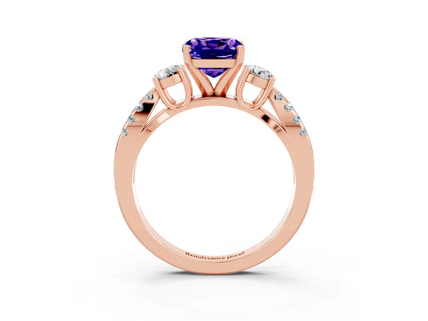 Rose gold Cushion Cut Tanzanite Three-Stone Ring with Pavé Split Shank and Four-Prong Setting_15
