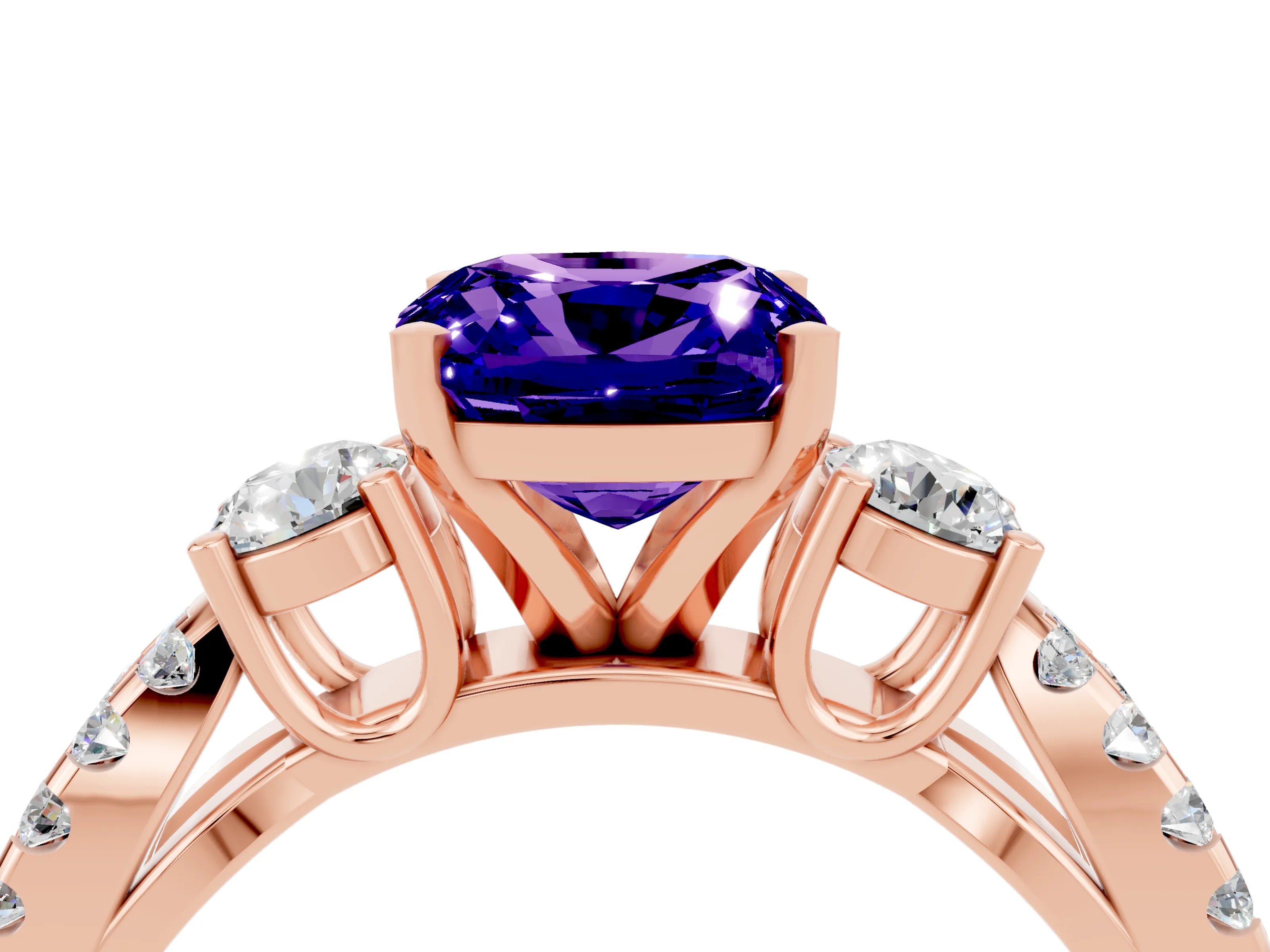 Rose gold Cushion Cut Tanzanite Three-Stone Ring with Pavé Split Shank and Four-Prong Setting_16
