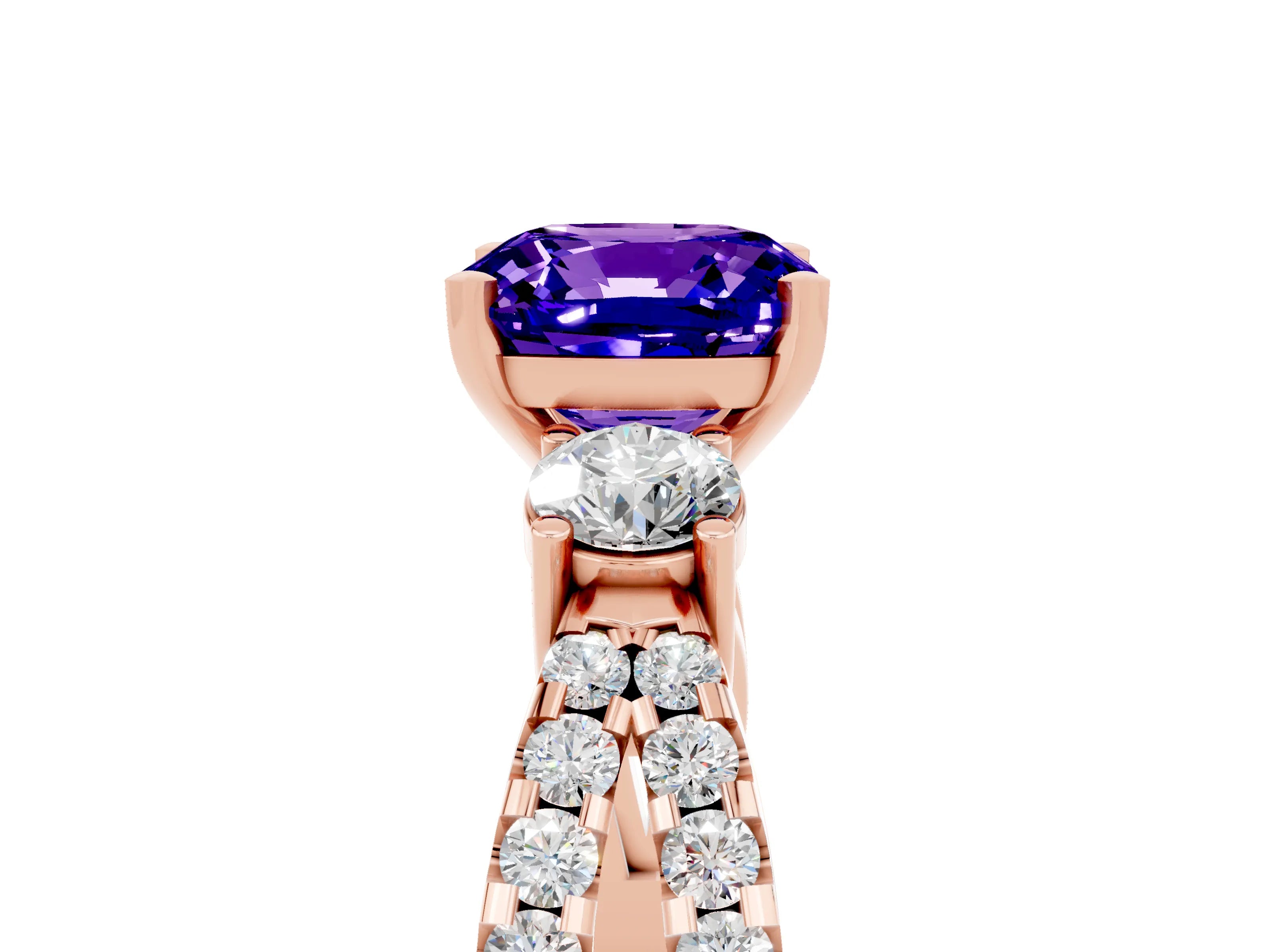 Rose gold Cushion Cut Tanzanite Three-Stone Ring with Pavé Split Shank and Four-Prong Setting_17