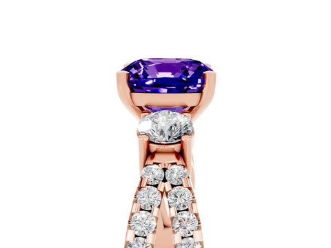 Rose gold Cushion Cut Tanzanite Three-Stone Ring with Pavé Split Shank and Four-Prong Setting_17