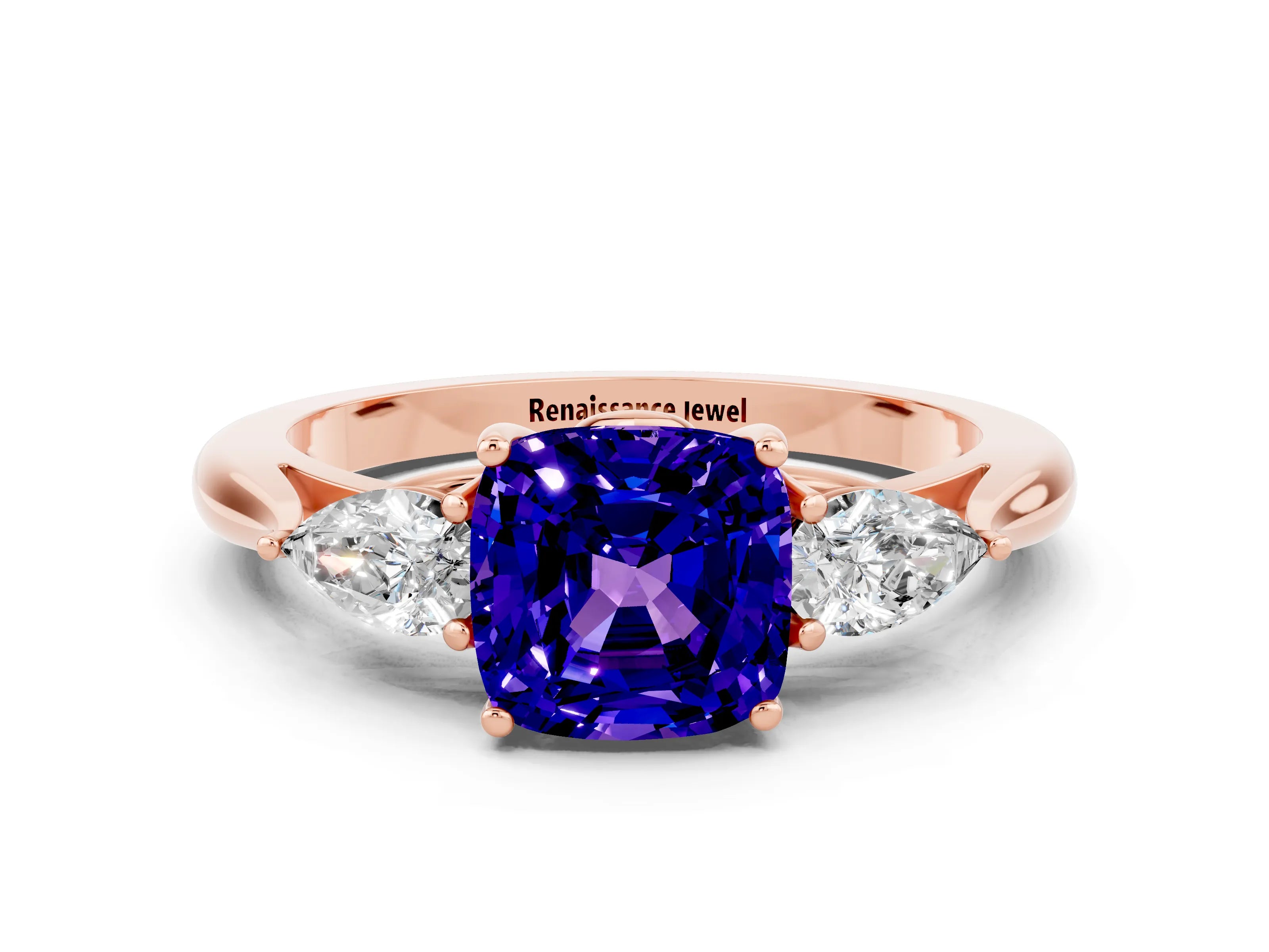 Rose gold Cushion Cut Tanzanite Three-Stone Ring with Pear Side Stones and Four-Prong Setting_12