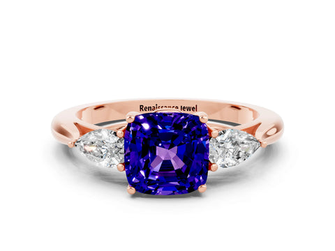 Rose gold Cushion Cut Tanzanite Three-Stone Ring with Pear Side Stones and Four-Prong Setting_12