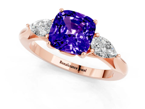 Rose gold Cushion Cut Tanzanite Three-Stone Ring with Pear Side Stones and Four-Prong Setting_13