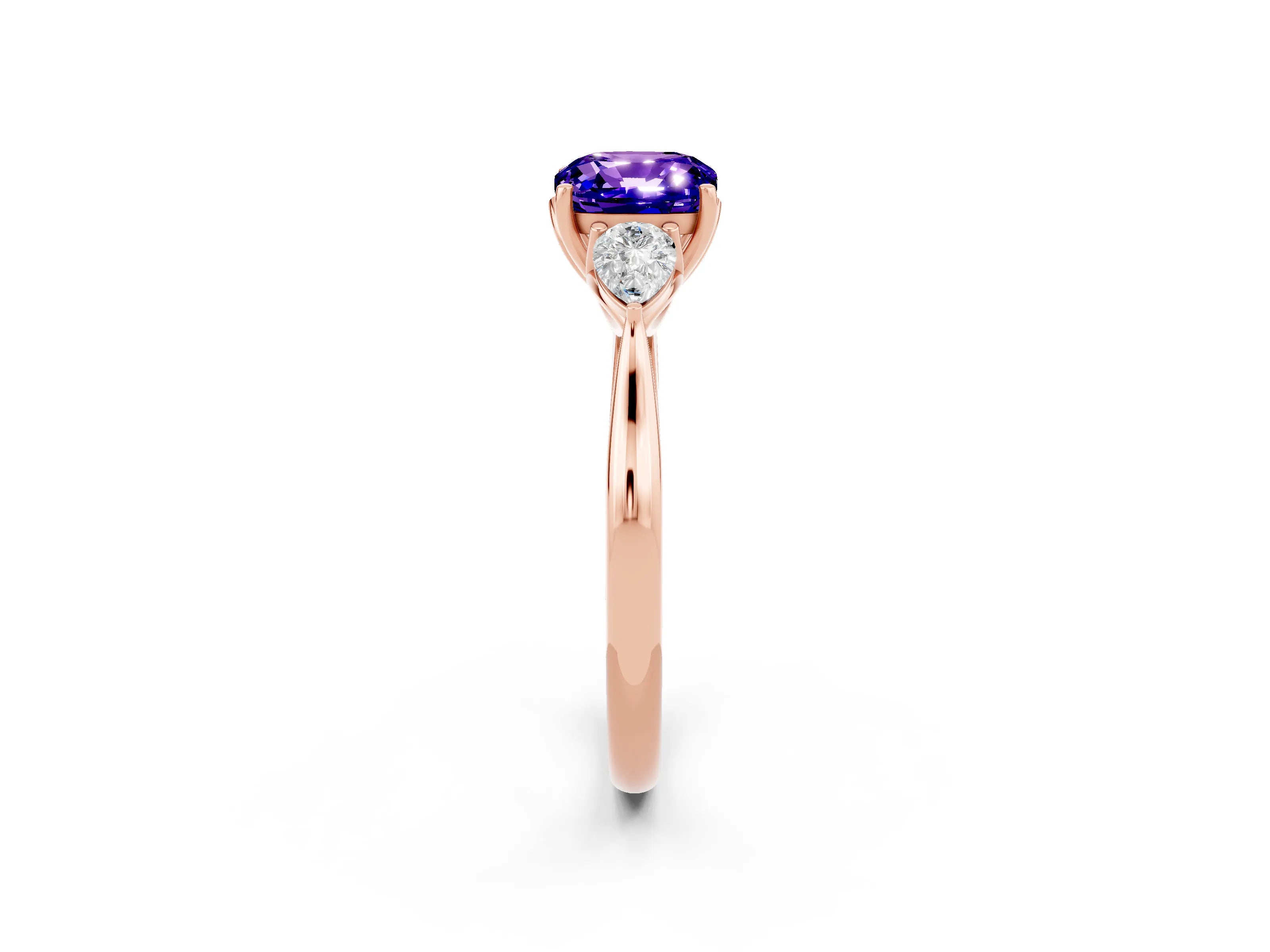 Rose gold Cushion Cut Tanzanite Three-Stone Ring with Pear Side Stones and Four-Prong Setting_14