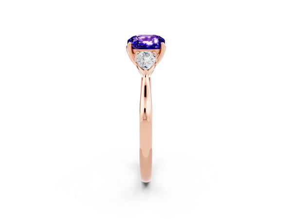 Rose gold Cushion Cut Tanzanite Three-Stone Ring with Pear  Side Stones and Prong Setting