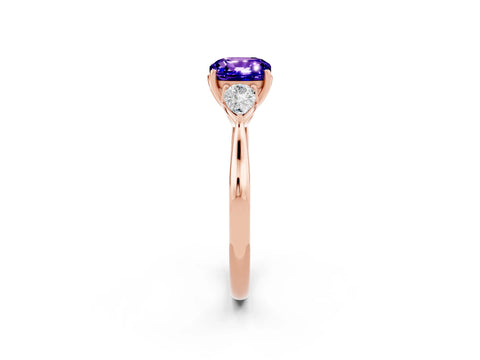 Rose gold Cushion Cut Tanzanite Three-Stone Ring with Pear Side Stones and Four-Prong Setting_14