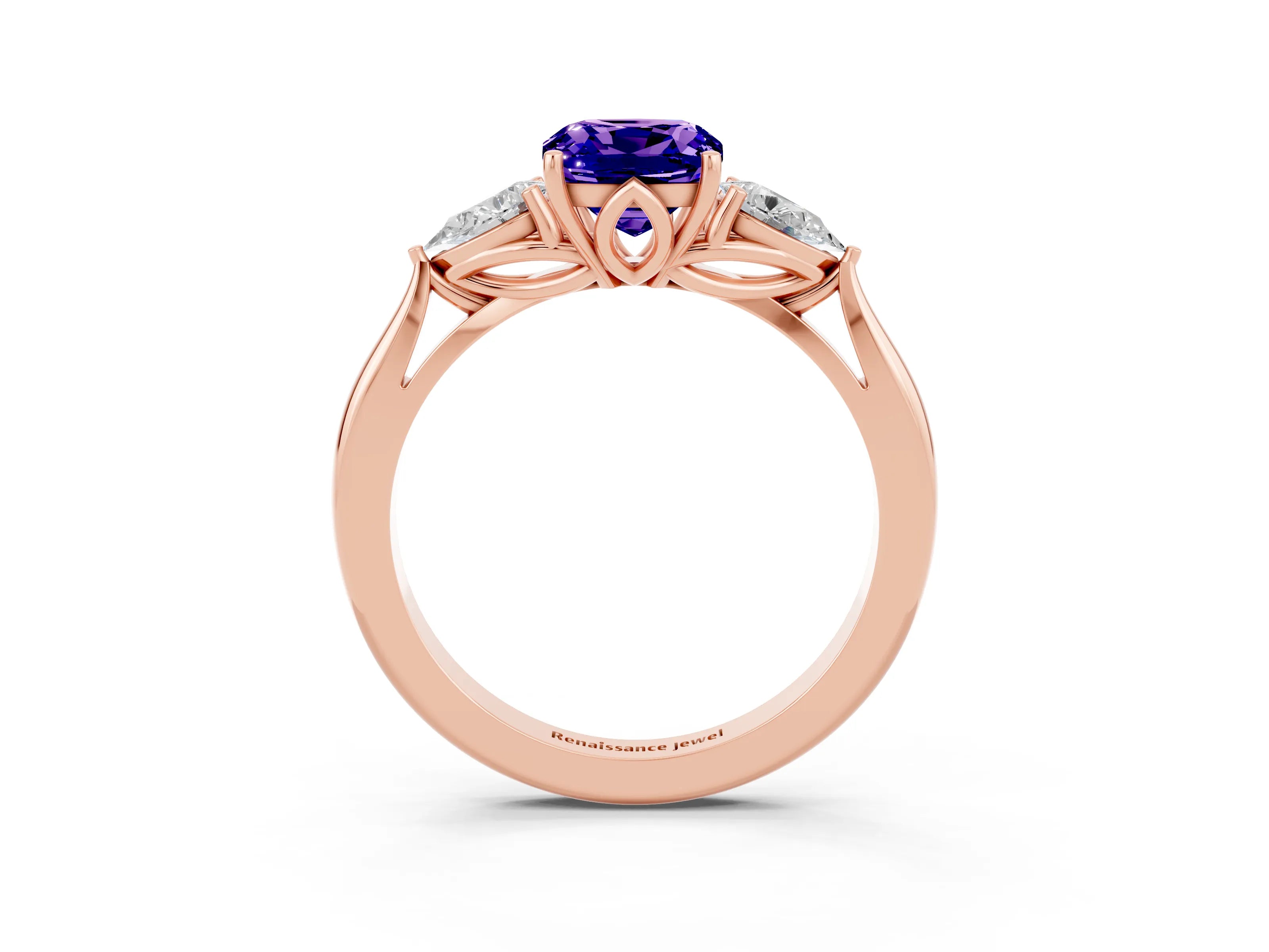 Rose gold Cushion Cut Tanzanite Three-Stone Ring with Pear Side Stones and Four-Prong Setting_15
