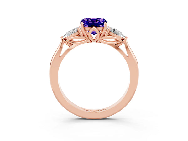 Rose gold Cushion Cut Tanzanite Three-Stone Ring with Pear  Side Stones and Prong Setting