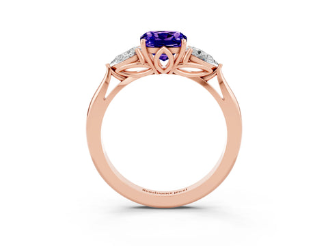 Rose gold Cushion Cut Tanzanite Three-Stone Ring with Pear Side Stones and Four-Prong Setting_15