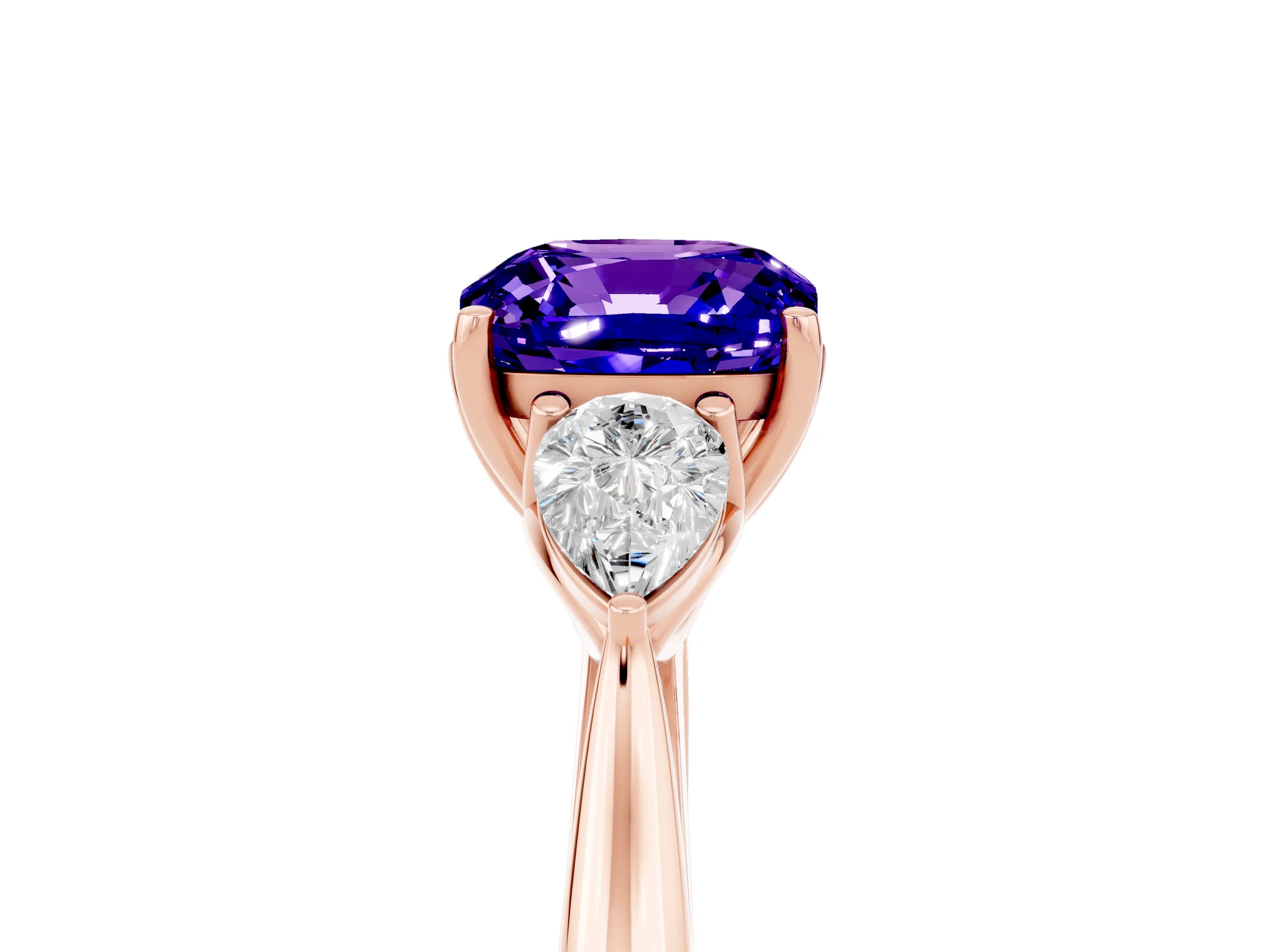 Rose gold Cushion Cut Tanzanite Three-Stone Ring with Pear Side Stones and Four-Prong Setting_17
