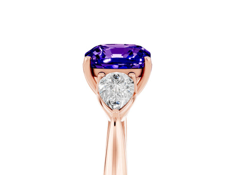Rose gold Cushion Cut Tanzanite Three-Stone Ring with Pear Side Stones and Four-Prong Setting_17