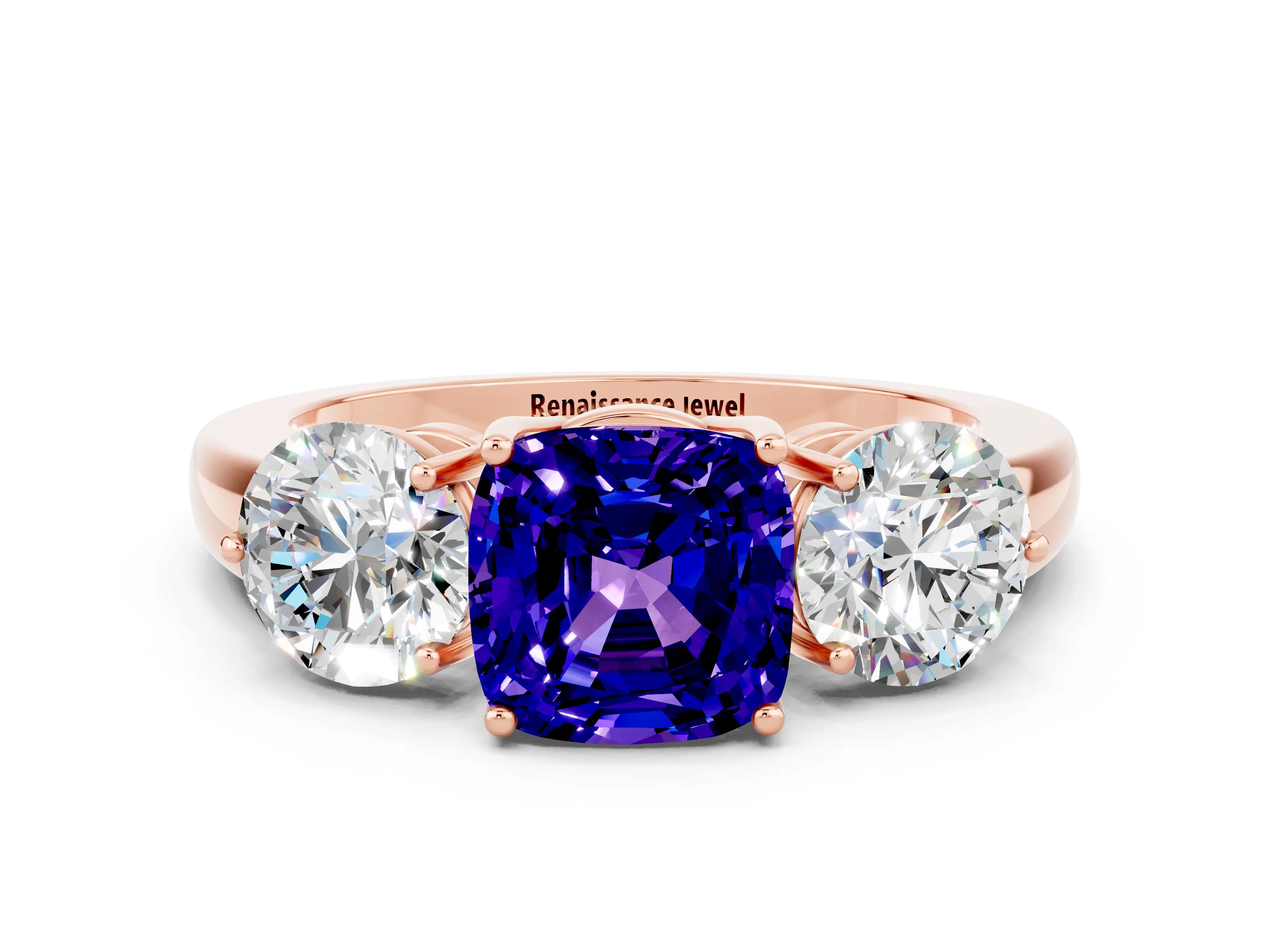 Rose gold Cushion Cut Tanzanite Three-Stone Ring with Prong Setting and Classic Band