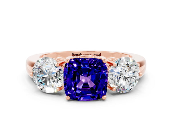 Rose gold Cushion Cut Tanzanite Three-Stone Ring with Prong Setting and Classic Band
