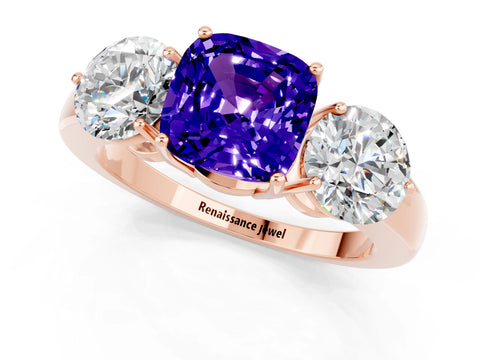 Rose gold Cushion Cut Tanzanite Three-Stone Ring with Prong Setting and Classic Band_1