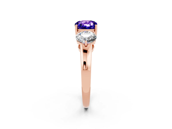 Rose gold Cushion Cut Tanzanite Three-Stone Ring with Prong Setting and Classic Band
