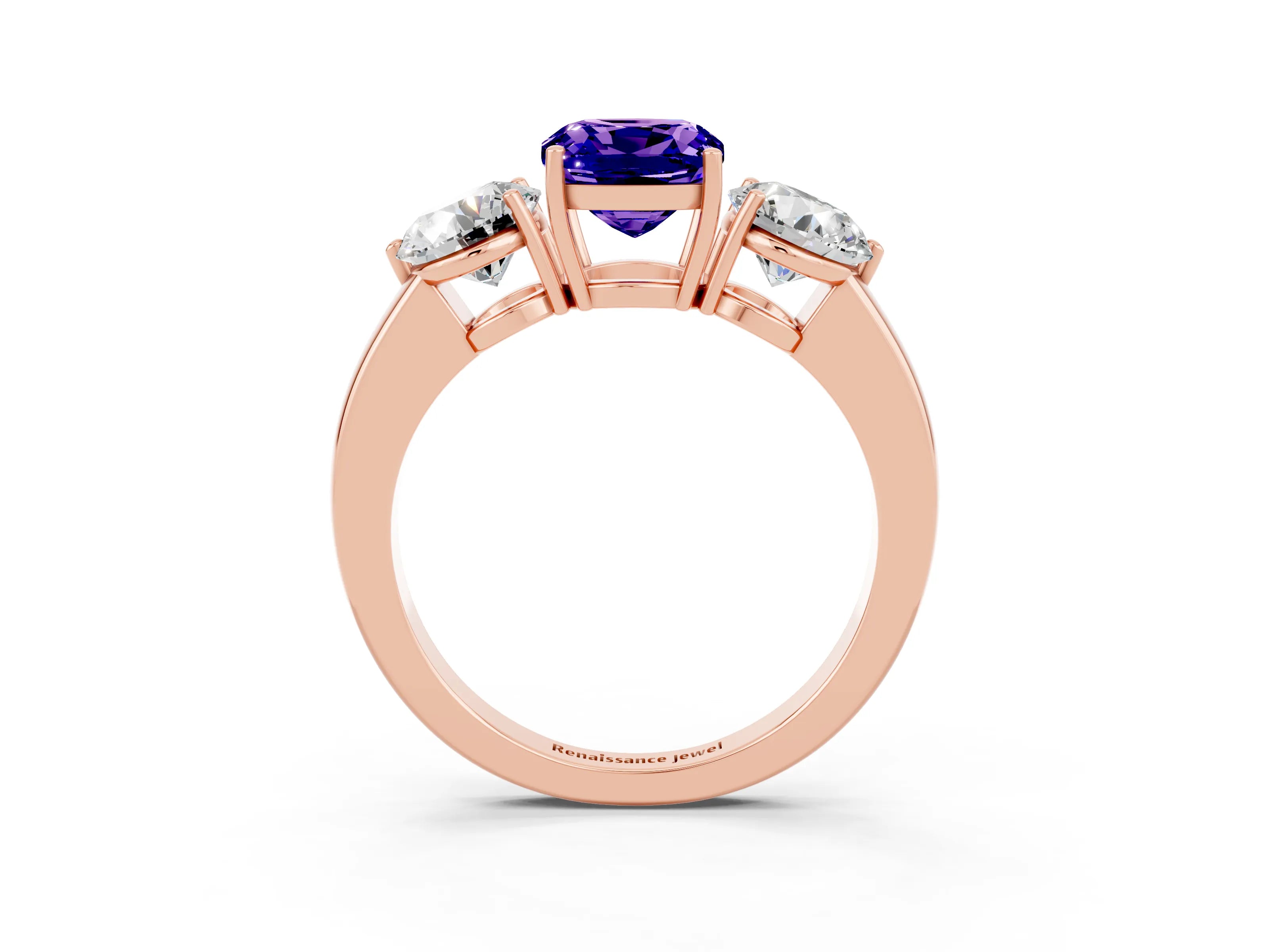 Rose gold Cushion Cut Tanzanite Three-Stone Ring with Prong Setting and Classic Band_3