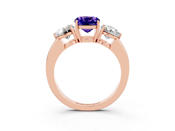 Rose gold Cushion Cut Tanzanite Three-Stone Ring with Prong Setting and Classic Band