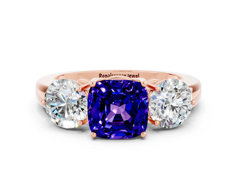Rose gold Cushion Cut Tanzanite Three-Stone Ring with Prong Setting and Classic Band