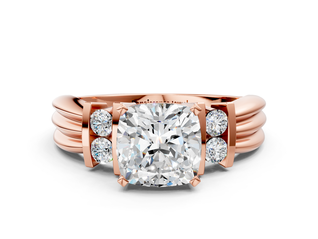 Rose gold Cushion Cut Three-Stone Channel Set Ring with Bar Prongs_88