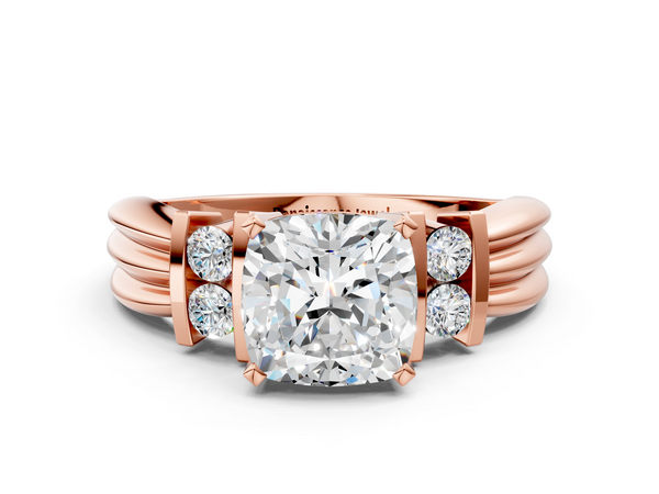 Rose gold Cushion Cut Three-Stone Channel Set Ring with Bar Prongs