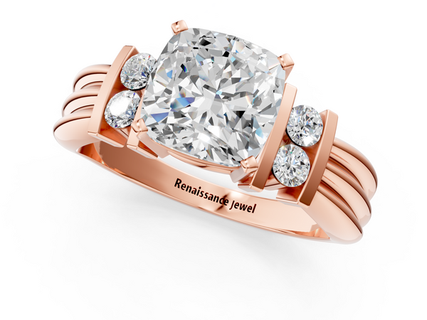 Rose gold Cushion Cut Three-Stone Channel Set Ring with Bar Prongs