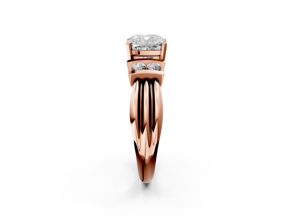 Rose gold Cushion Cut Three-Stone Channel Set Ring with Bar Prongs