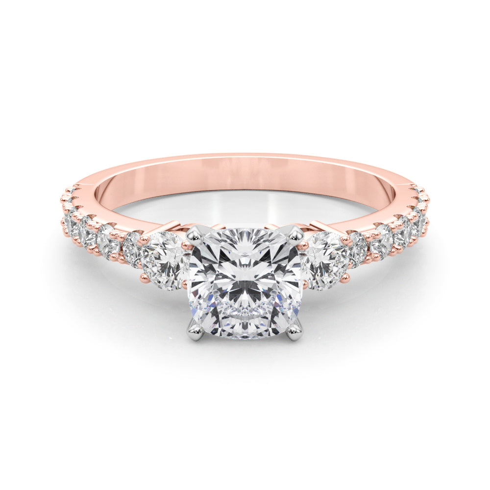 Rose gold Cushion Cut Three-Stone Diamond Pavé Band with Prong Setting 1