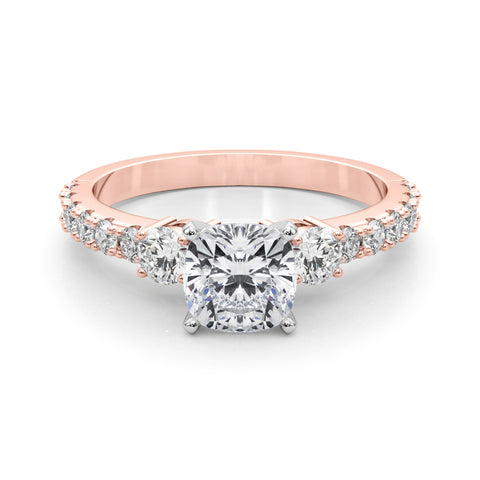 Rose gold Cushion Cut Three-Stone Diamond Pavé Band with Prong Setting 1