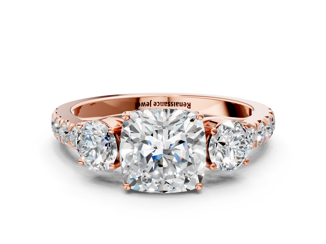 Rose gold Cushion Cut Three-Stone Diamond Pave Band with Prong Setting_80