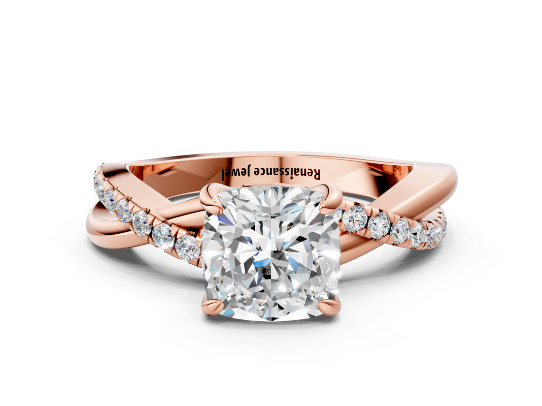 Rose gold Cushion Cut Twist Band Solitaire Diamond Ring with Pavé Setting_15