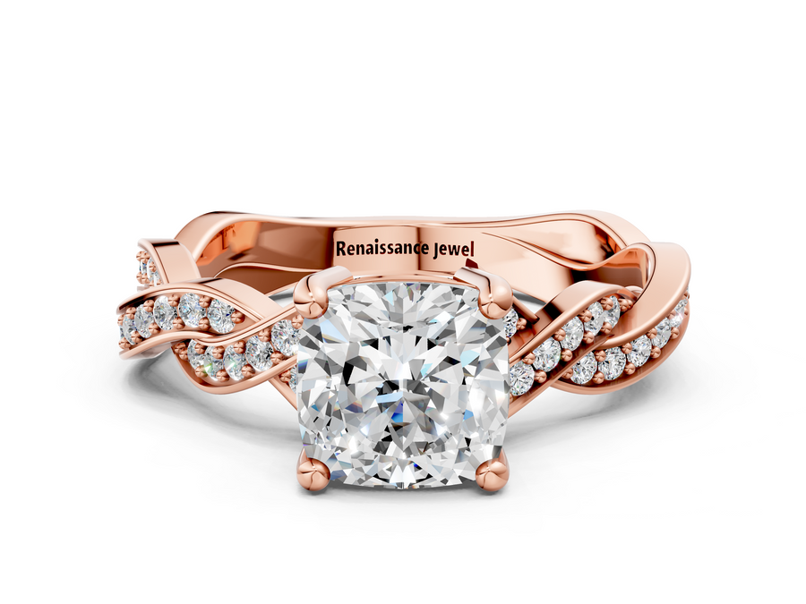 Rose gold Cushion Cut Twisted Pavé Band Solitaire Ring with Four-Prong Setting