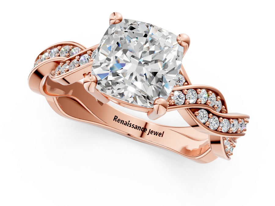 Rose gold Cushion Cut Twisted Pavé Band Solitaire Ring with Four-Prong Setting