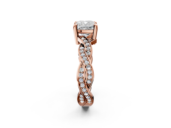 Rose gold Cushion Cut Twisted Pavé Band Solitaire Ring with Four-Prong Setting