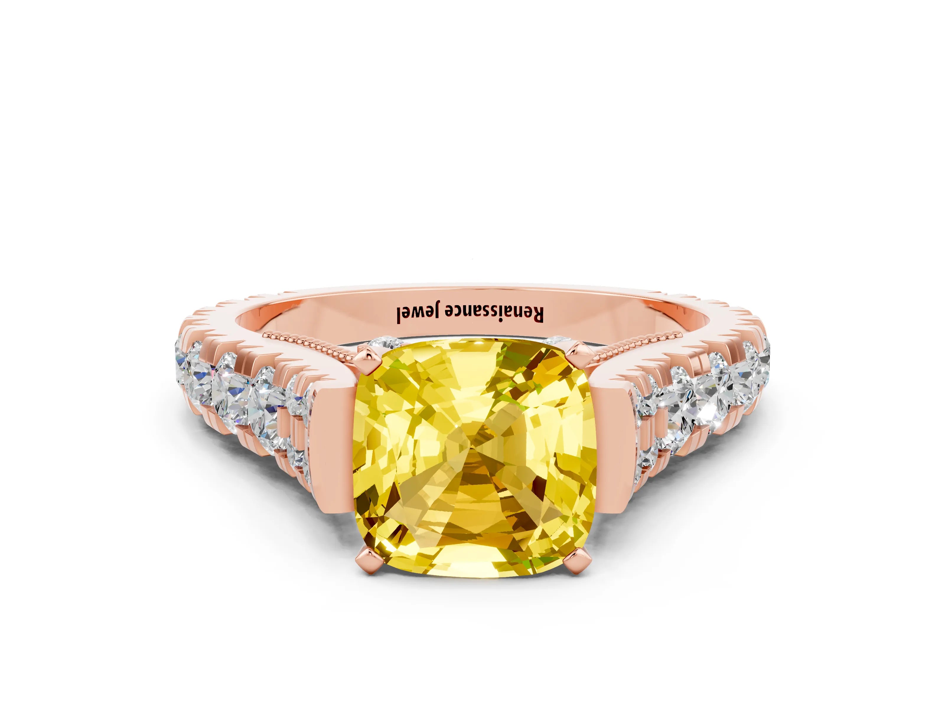 Rose gold Cushion Cut Yellow Sapphire Classic Solitaire Ring with Pavé Band and Four-Prong Setting_12