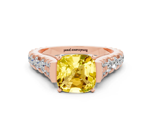 Rose gold Cushion Cut Yellow Sapphire Classic Solitaire Ring with Pavé Band and Four-Prong Setting