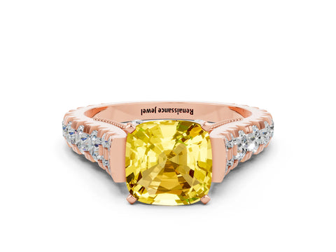 Rose gold Cushion Cut Yellow Sapphire Classic Solitaire Ring with Pavé Band and Four-Prong Setting_12