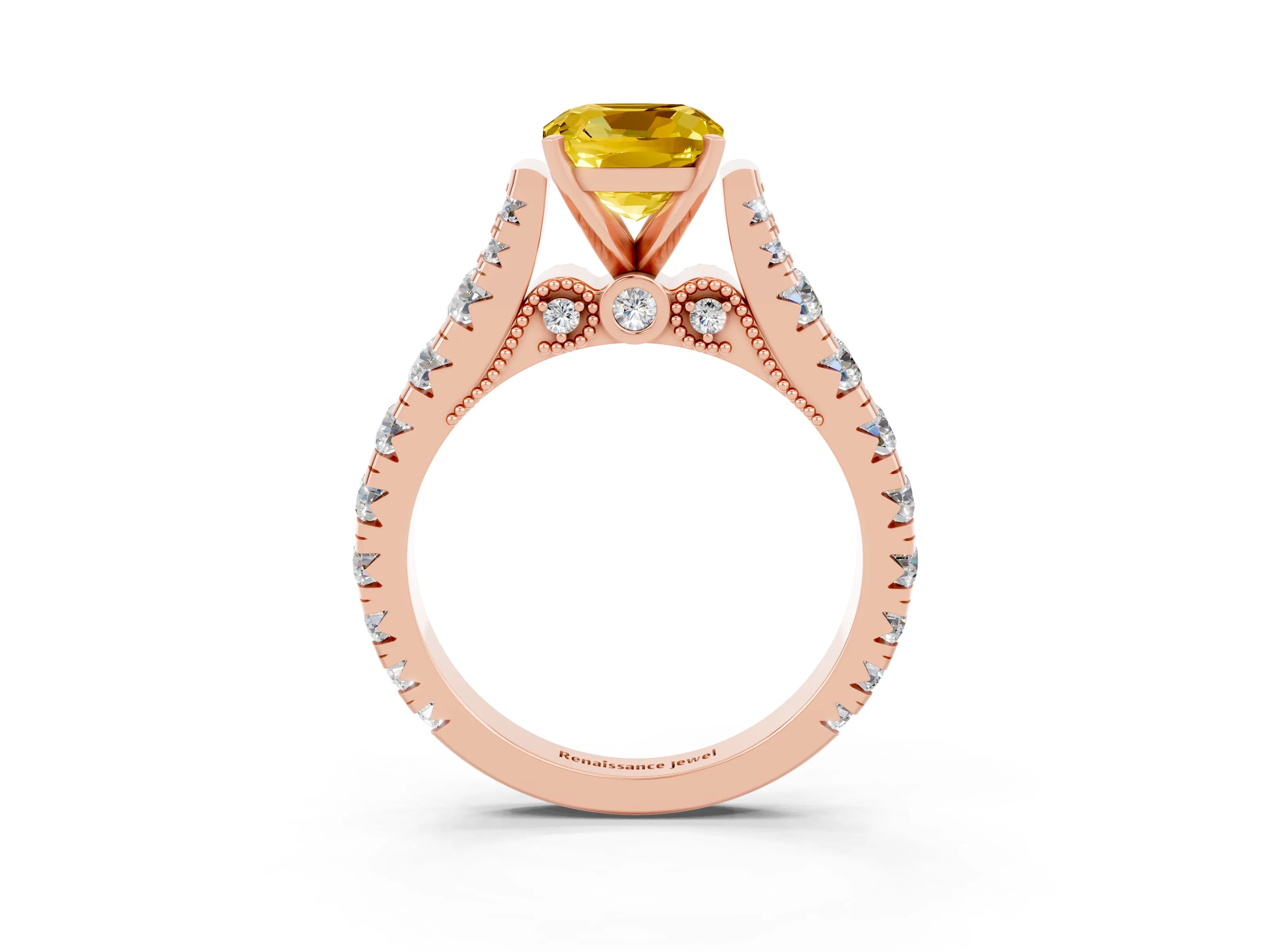 Rose gold Cushion Cut Yellow Sapphire Classic Solitaire Ring with Pavé Band and Four-Prong Setting_15