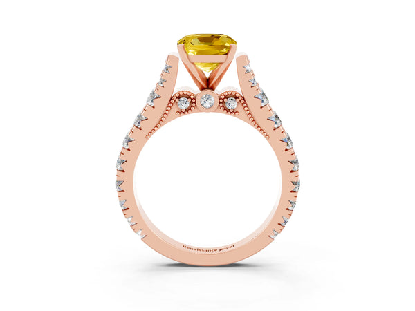 Rose gold Cushion Cut Yellow Sapphire Classic Solitaire Ring with Pavé Band and Four-Prong Setting