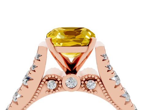 Rose gold Cushion Cut Yellow Sapphire Classic Solitaire Ring with Pavé Band and Four-Prong Setting_16