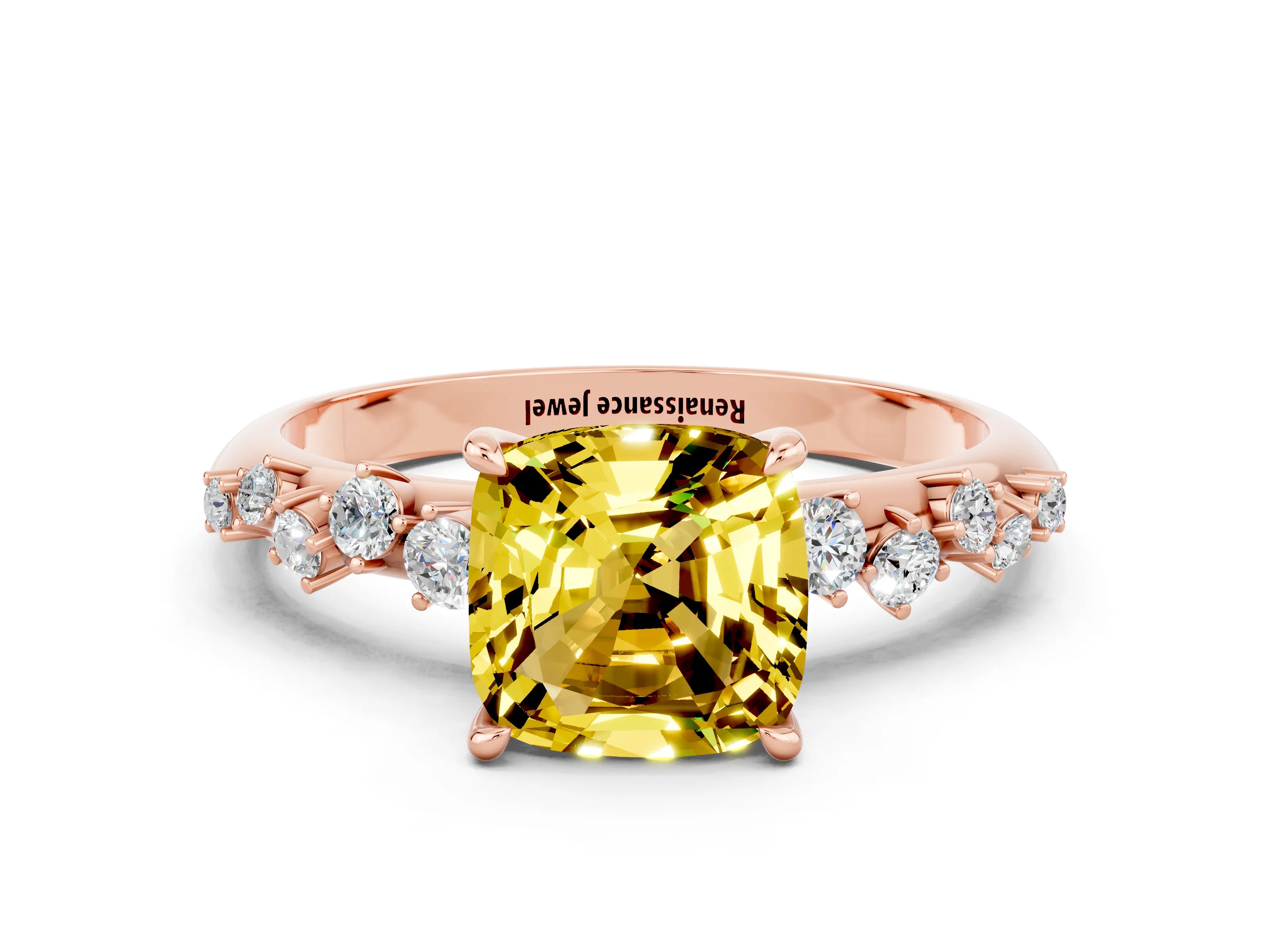 Rose gold Cushion Cut Yellow Sapphire Cluster Side Stone Solitaire Ring with Prong Setting_48