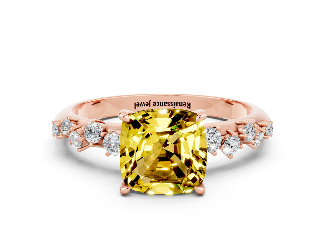 Rose gold Cushion Cut Yellow Sapphire Cluster Side Stone Solitaire Ring with Prong Setting_48