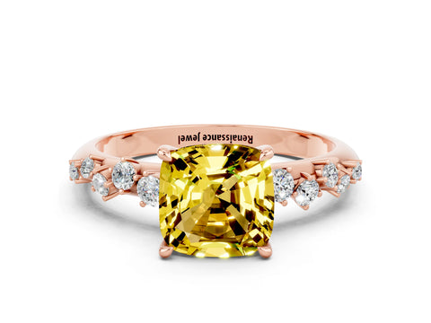 Rose gold Cushion Cut Yellow Sapphire Cluster Side Stone Solitaire Ring with Prong Setting_48