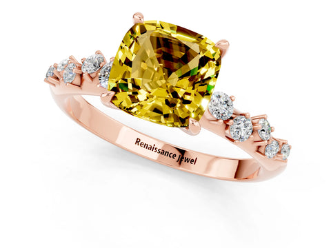 Rose gold Cushion Cut Yellow Sapphire Cluster Side Stone Solitaire Ring with Prong Setting_49
