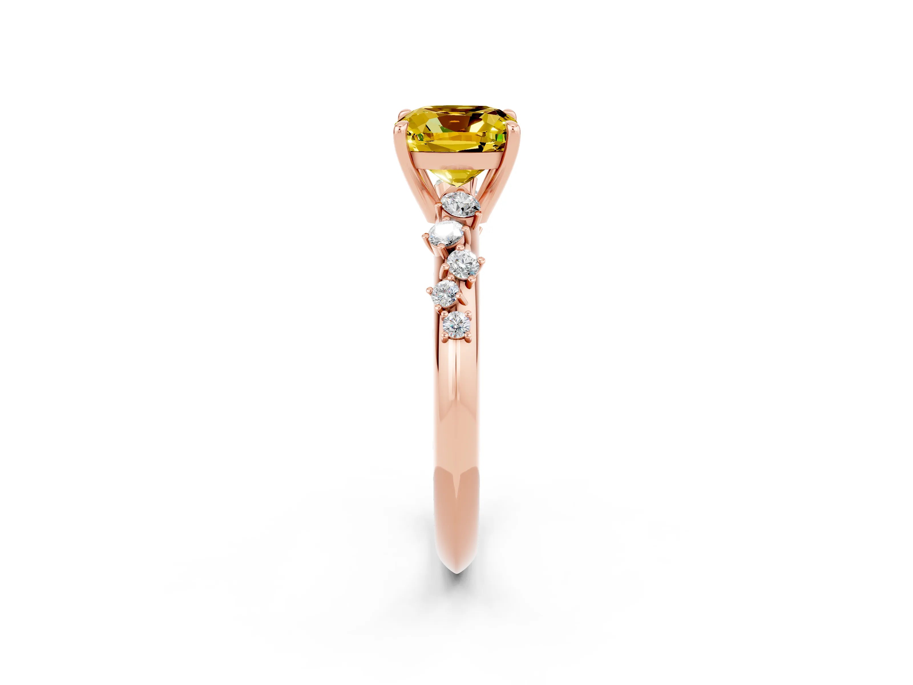 Rose gold Cushion Cut Yellow Sapphire Cluster Side Stone Solitaire Ring with Prong Setting_50