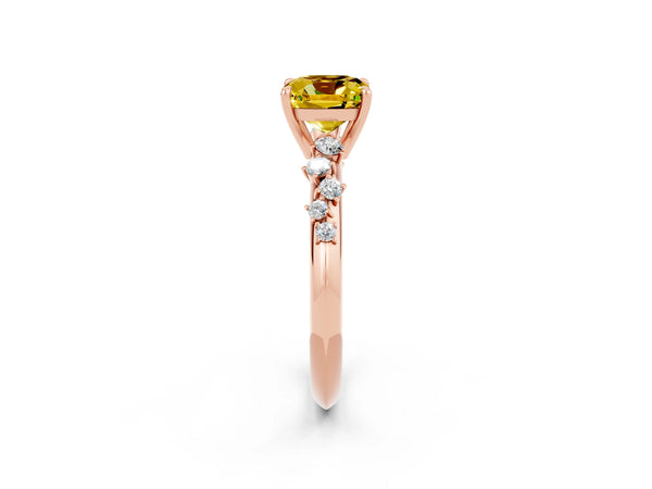 Rose gold Cushion Cut Yellow Sapphire Cluster Side Stone Solitaire Ring with Prong Setting