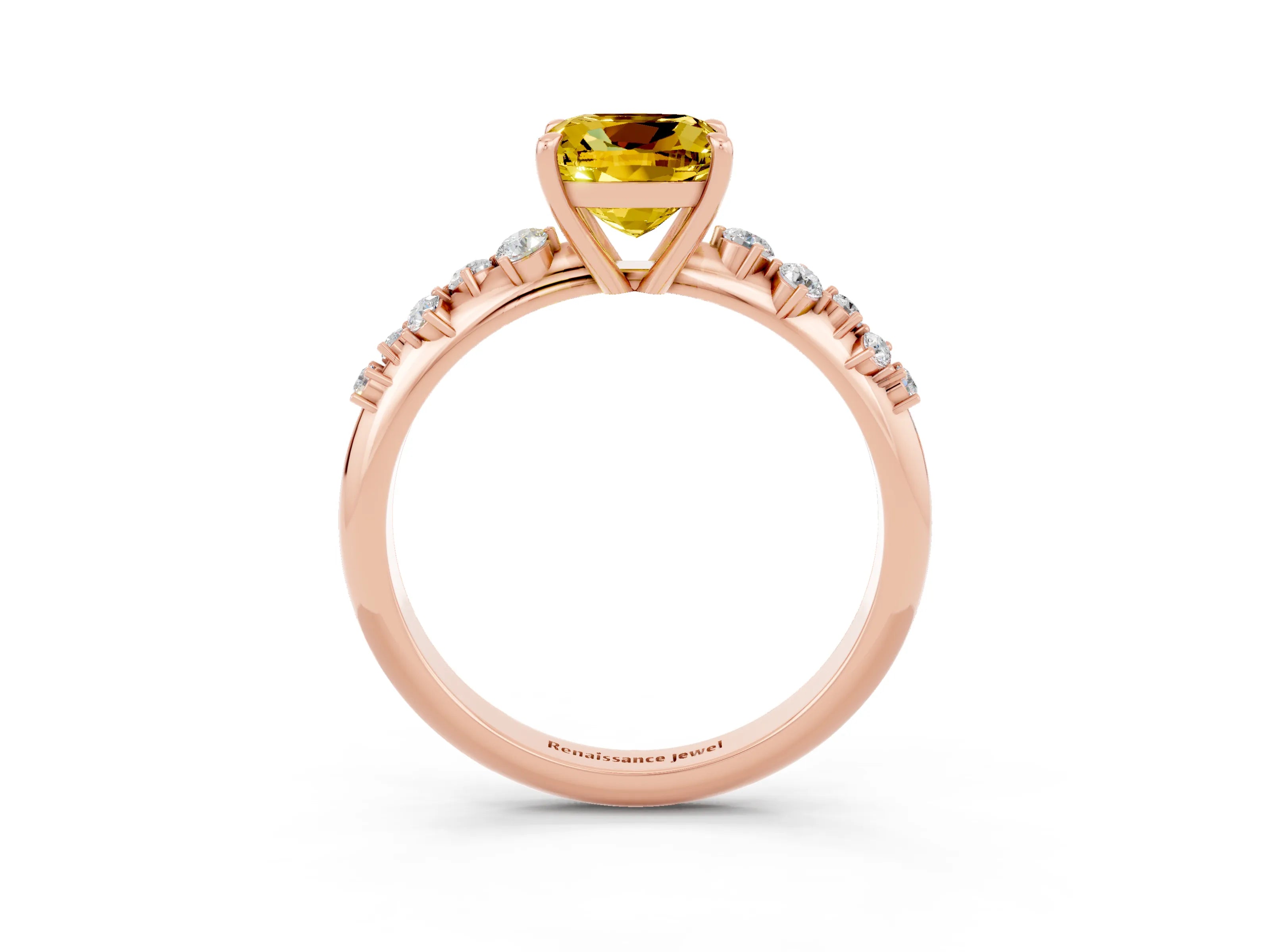 Rose gold Cushion Cut Yellow Sapphire Cluster Side Stone Solitaire Ring with Prong Setting_51
